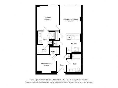Floor plan for 2 beds, 2 baths, 866 sqft